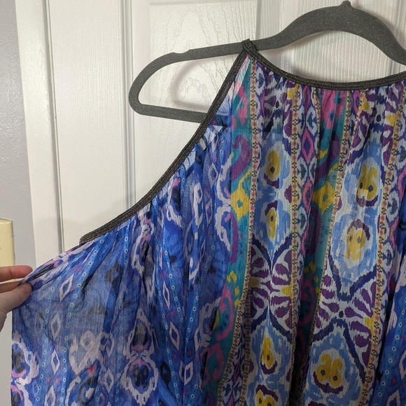 NWT Zara Geometric Print Blue Rhinestone Trim Sleeveless Swing Blouse Size XS - Picture 5 of 8